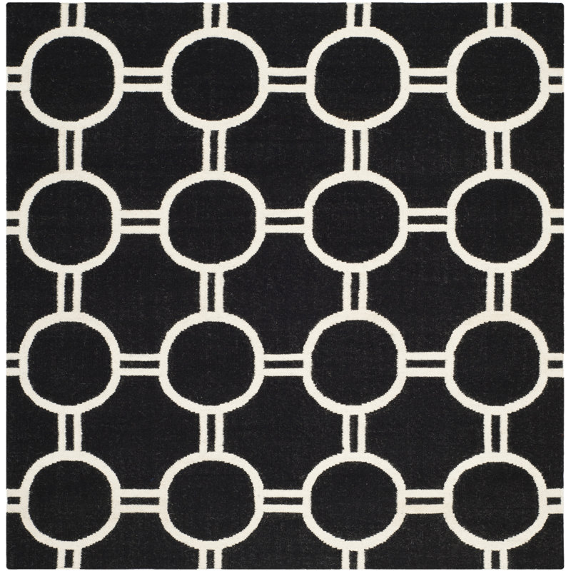 Rodgers Hand Woven Flat Weave Wool/Cotton Geometric Rug in Black/Grey, Square 6'