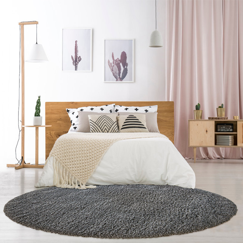 Tapis à poil long épais et moelleux en polypropylène de couleur unie gris anthracite moderne Mosman, Rond 7 pi 10 po