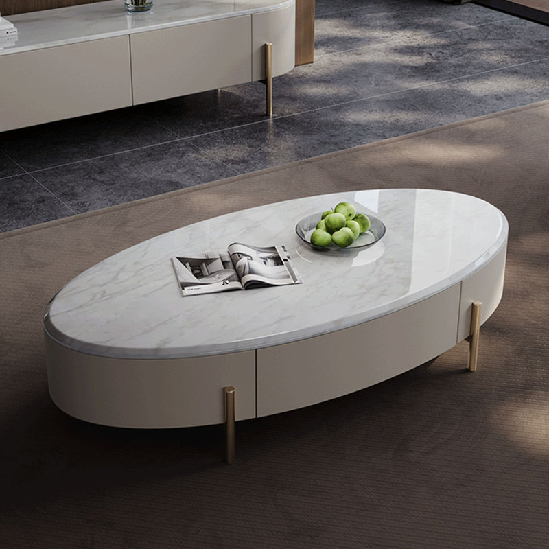 Table basse ovale en marbre clair de luxe, H 15,7 po x L 63 po x l 31,5 po