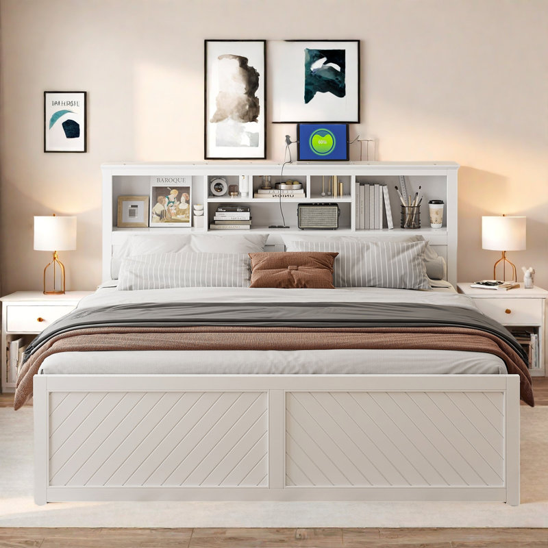 Lit plateforme en bois avec tête de lit multi-rangement, USB et 2 tiroirs, Blanc