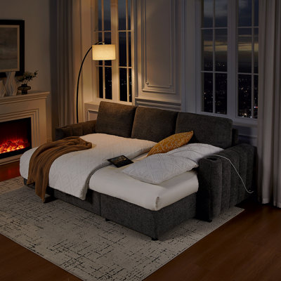 Canapé-lit modulaire réversible 96 po en tissu bouclé gris 96 po avec méridienne de rangement, porte-gobelets, port de chargement USB et coussins décoratifs