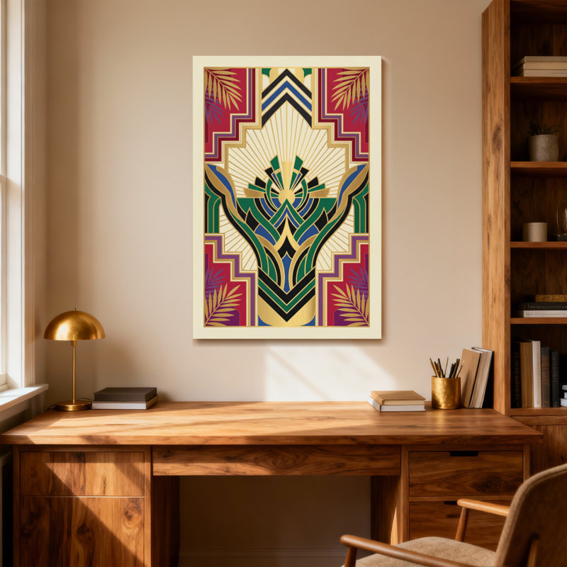 Abstract Art Deco Geometric Pattern With Tropical Motifs, 18" H x 12" W