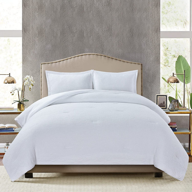 Wilmer Waffle Weave Textured Comforter Set, King Comforter + 2 King Shams, White