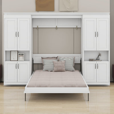 Murphy Bed With Dual Sliding Storage Cabinets, Hidden Wall Bed Design, Dual 6-Tier Side Shelves