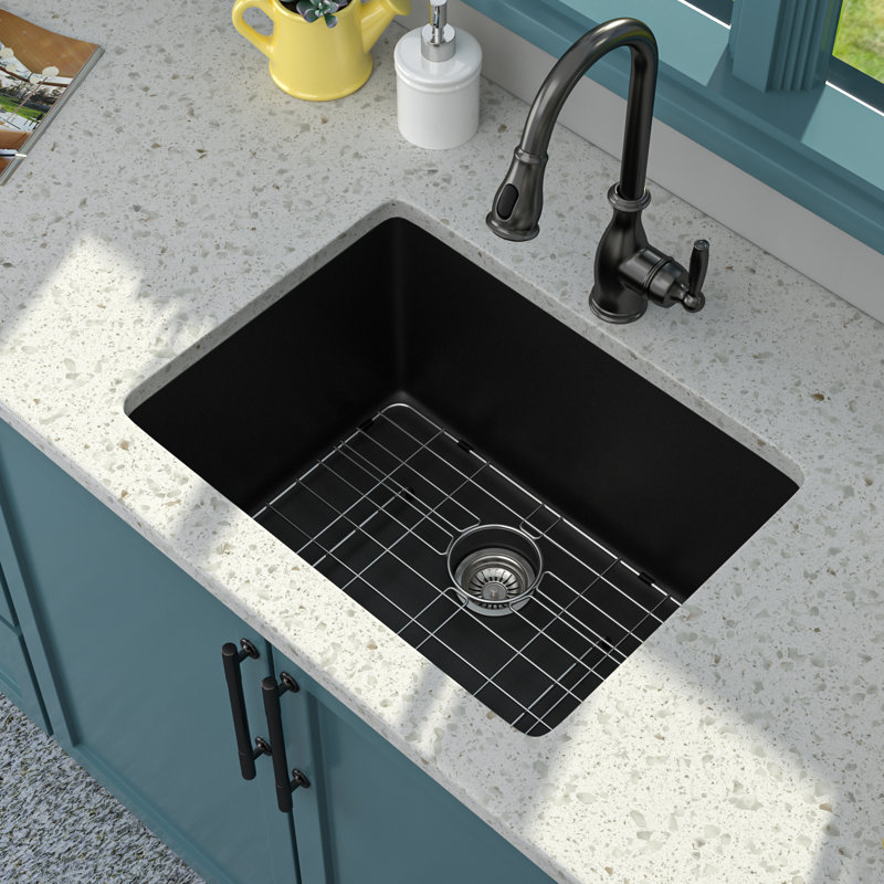 24"W x 18"D x 12"H Granite Undermount Sink For Laundry and Kitchen, Black