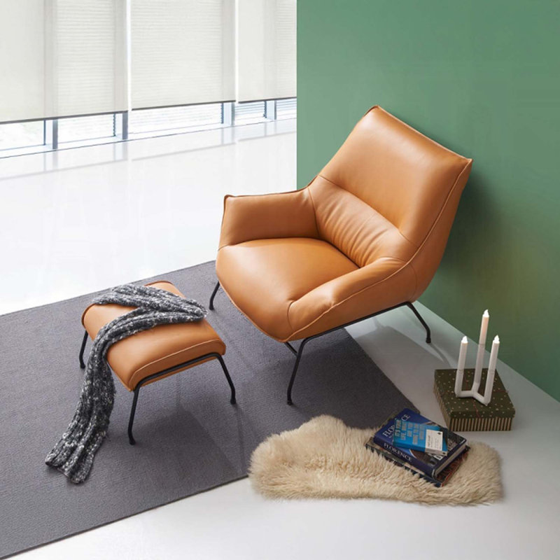 Fauteuil d'appoint et repose-pieds Jabel, cuir fleur grainé, Grès