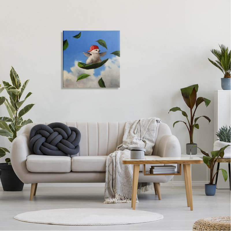 Whimsical Bird Surfing Leaves on Blue Sky Canvas Art