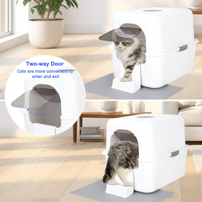 Compact White Plastic Enclosed Cat Litter Box with Pedal