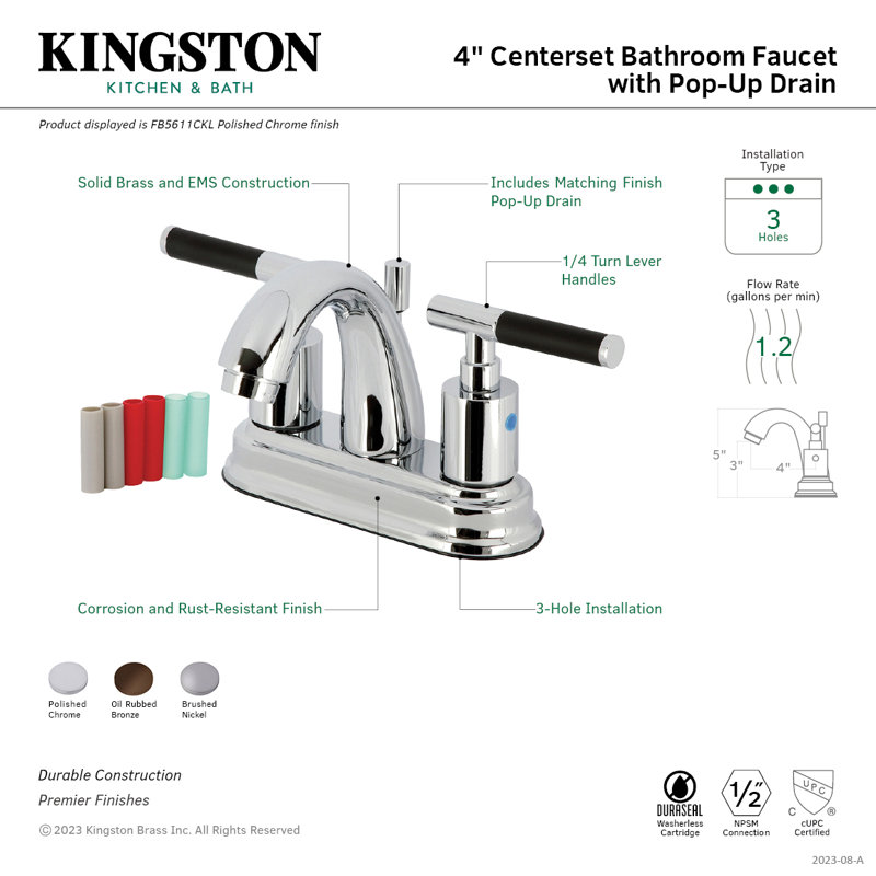 Kingston Brass Kaiser Two-Handle 3-Hole Deck Mount 4" Centerset Bathroom Faucet with Plastic Pop-Up, Brushed Nickel