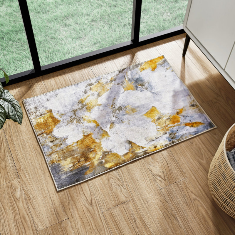 Katon Abstract Non-Slip Machine Washable Area Rug in Yellow/White/Grey for Living Room, Bedroom, Hallway Runner Indoor Rugs