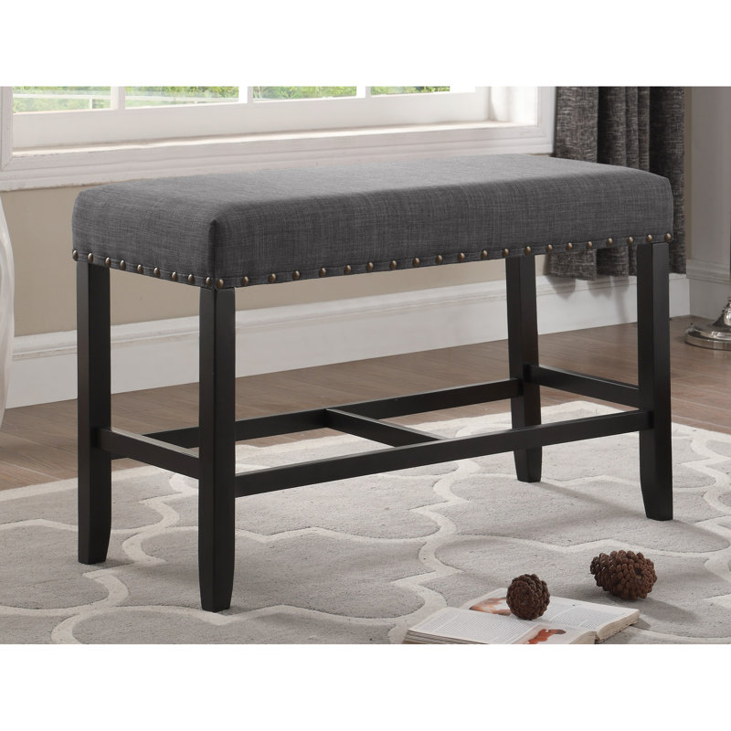 Banc en tissu gris à hauteur de comptoir - garniture cloutée, siège en lin et en coton, fabrication en bois franc massif, l 41 po x P 16,5 po H 25,5 po avec tissu, revêtement