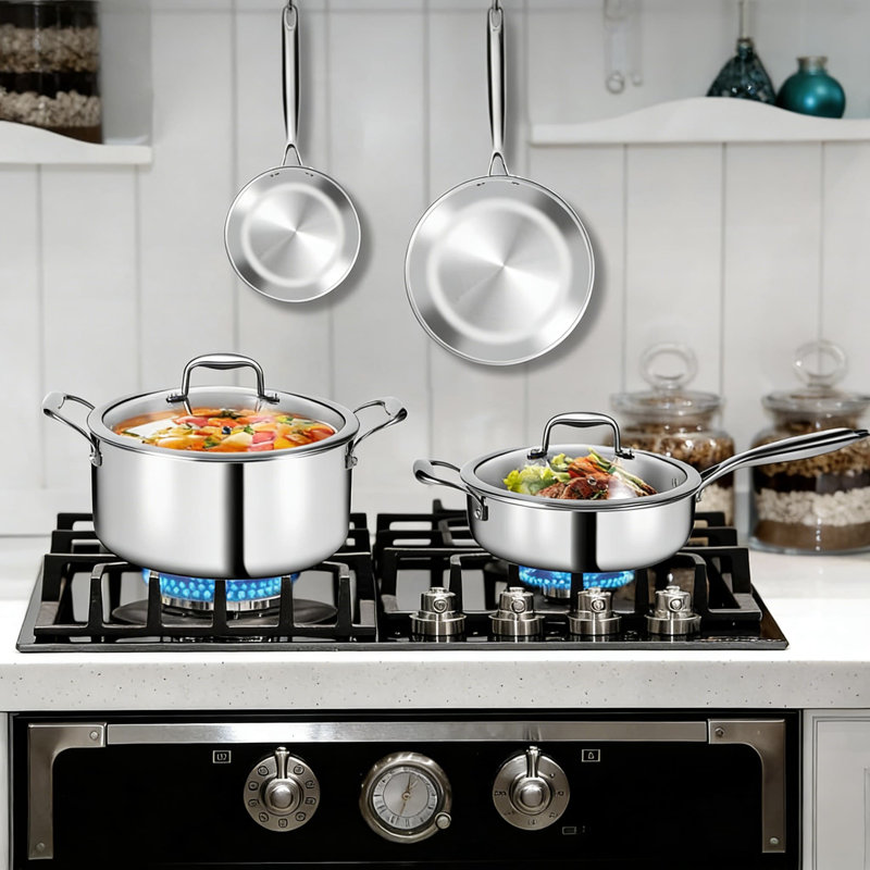 Ensemble de batterie de cuisine en acier inoxydable 11 pièces, casseroles et poêles de cuisine professionnelle à 3 plis avec couvercles, compatible avec l'induction, allant au four et au lave-vaisselle, batterie de cuisine non toxique de qualité chef