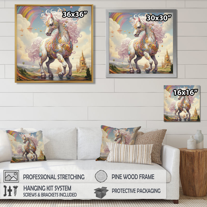 Cheval blanc licorne blanche, crinière rose, art mural cheval, H 16 po x l 16 po, Toile brune avec cadre flottant