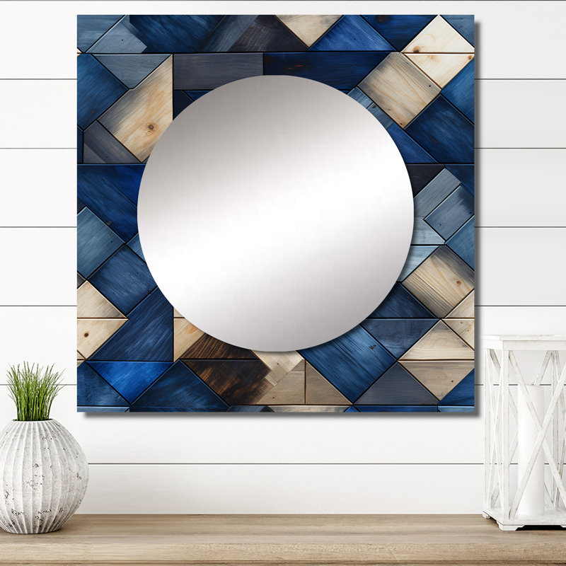 Carreaux beige et bleu Symmetry I - Décoration murale moderne carrée pour miroir, 23 po x 23 po