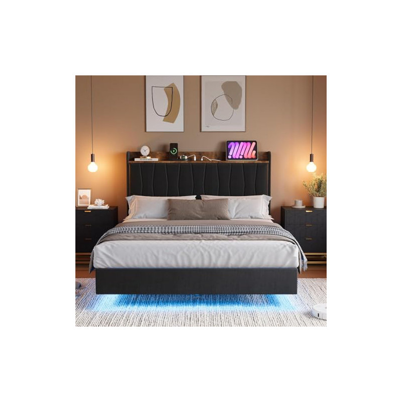 Floating Bed Frame with Storage Headboard,Upholstered Platform Bed with LED Ambient Lighting & Built-in Charging Station