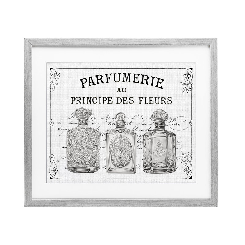 Reproduction sous verre rétro encadrée de parfumerie française, design par lettré et doublé, H 13 po x l 16 po