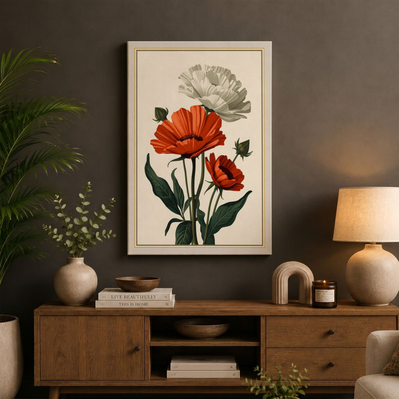 Three Gerbera Bloom Botanical - Wrapped Canvas, 18x12 - 45.7 x 30.5 cm, Terracotta Border