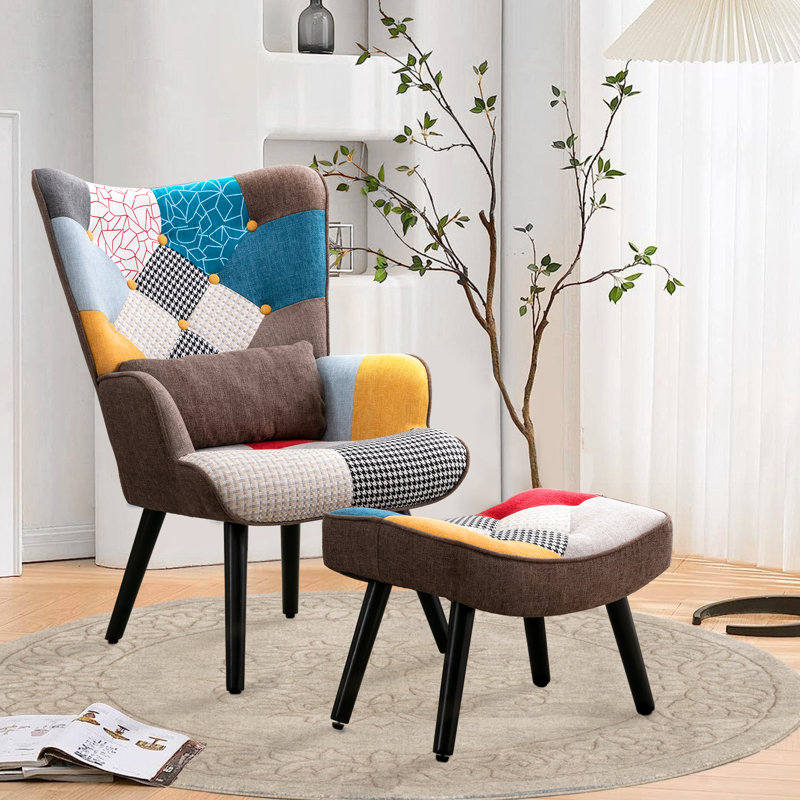 Kohlson 25.59'' Wide Tufted Wingback Chair and Ottoman, Brown