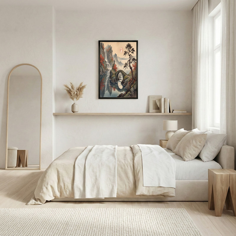 Art japonais sur toile, cascade japonaise et pont de pierre sous la lune rose, H 16 po x l 24 po