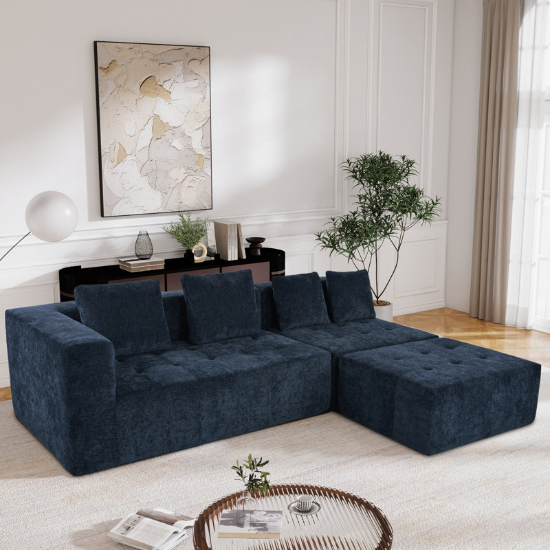 110" Modular Sectional Couch With Reversible Chaises, Dark Blue Polyester