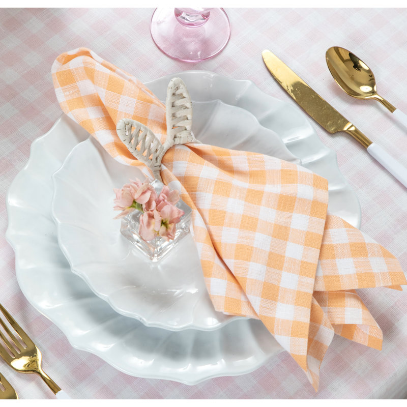 Gingham Check - 100% Pure Linen Dinner Napkins, Sunny Orange