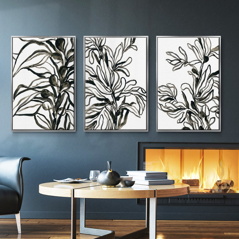 Contour de varech I encadré sur toile, ensemble de 3 pièces, Encadrement argenté, H 36 po x l 72 po