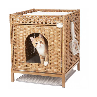 Enceinte de litière pour chat avec bacs à litière cachés avec pieds en métal, maison de chat en rotin tissée à la main avec tapis pour litière, meuble de litière cachée pour le salon de la chambre à coucher