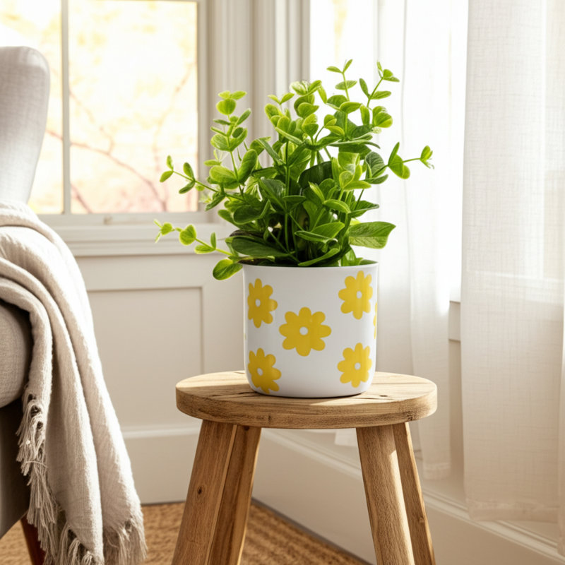 Sagebrook Home 6" Flower Power Planter, Black/White, White Yellow