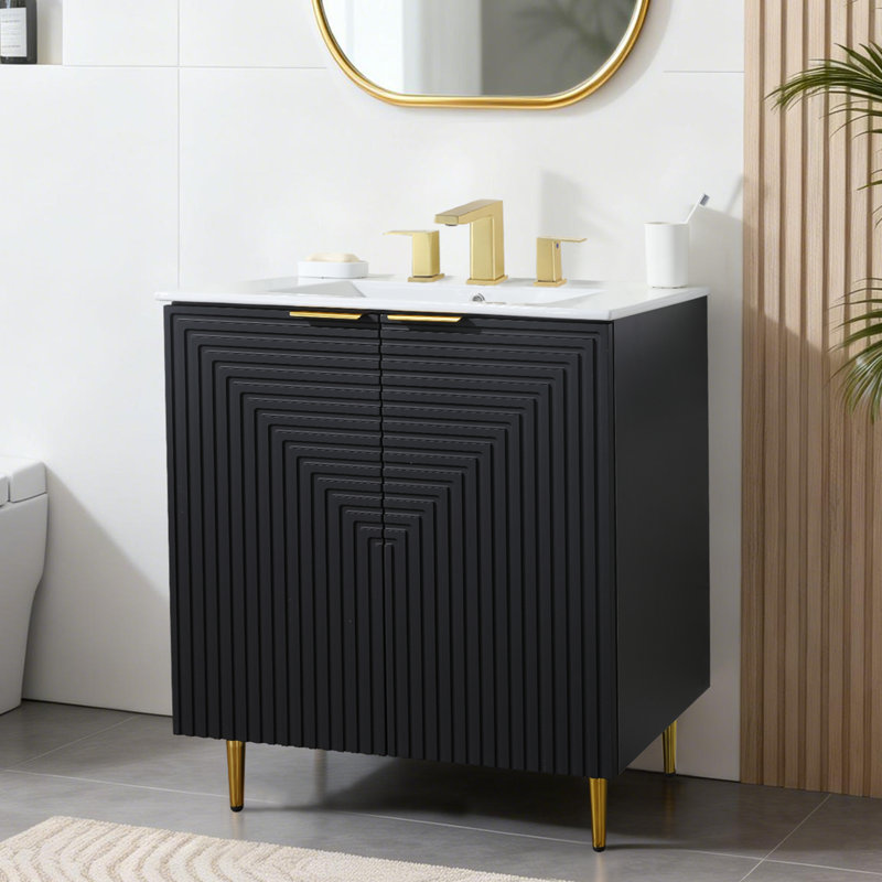 30" Modern Black Free-standing Single Bathroom Vanity With Ceramic  Top, Black