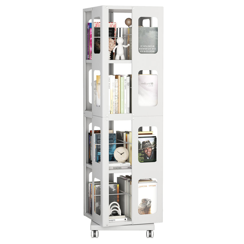 4-tier All-steel Rotating Bookshelf – 360° Wheels, Adjustable Shelf, Large Sturdy Spacious Book Rack (white), White