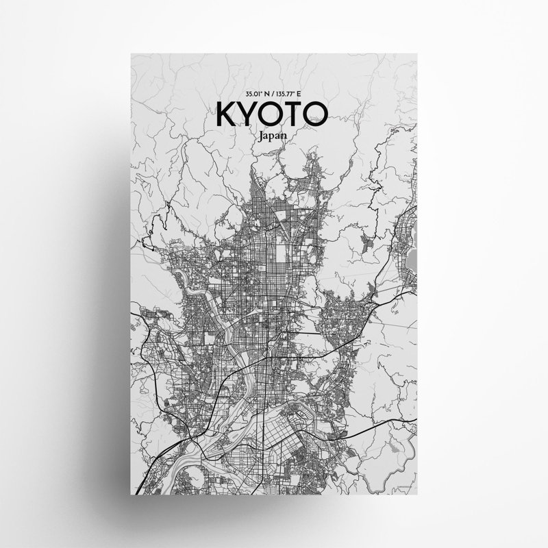 Kyoto City Map In Tones - No Frame Print, 17cm H x 11cm W x 0.05cm D