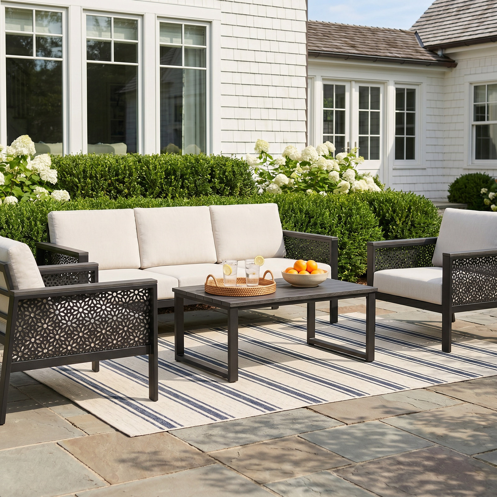 Townsend 7-Person Patio Seating Group, Canvas White/Lux Indigo Fabric