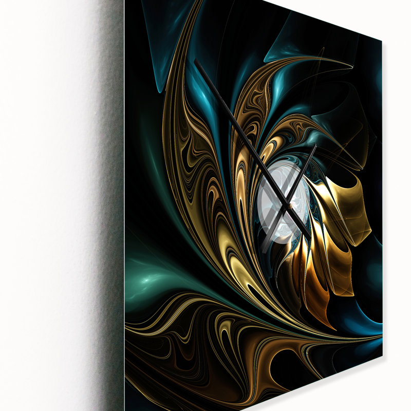 Horloge murale moderne avec fleur fractale brune et bleue en noir, Très grand