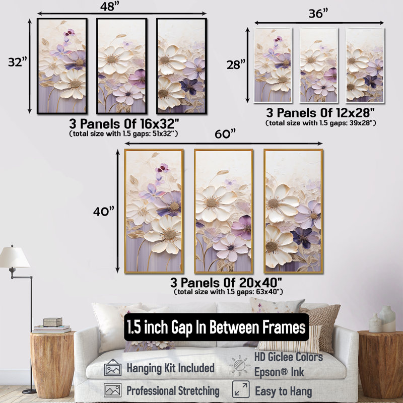 Janay - Violets, ensemble de reproduction d'art mural, H 28 po x l 36 po, Cadre flottant doré