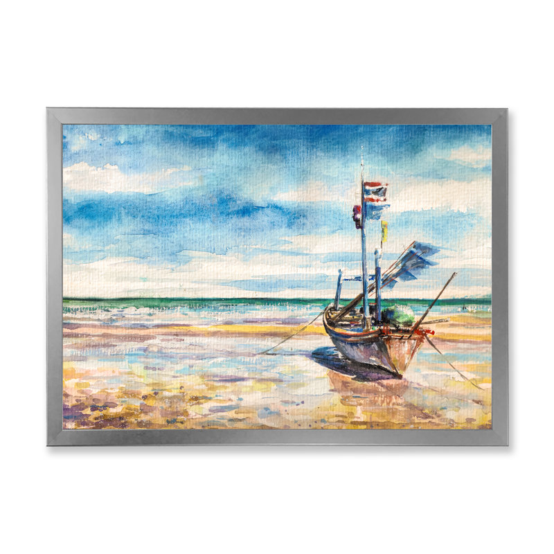 Bateau de pêche dans l'océan tropical - reproduction d'art sur toile, H 8 po x l 12 po x P 1 po, Cadre photo argenté