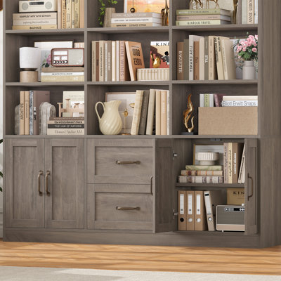 Bibliothèque 71,5 po x l 58,7 po à 6 niveaux avec tablettes ouvertes à 4 niveaux, 2 armoires et 2 tiroirs | Grande armoire de rangement pour la maison et le bureau