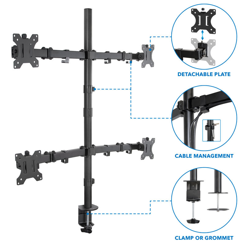 Black Steel Adjustable Quad Monitor Desk Mount