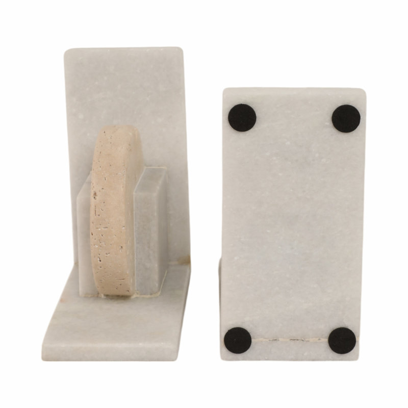 Geometric 6" Travertine & Marble Bookends Set