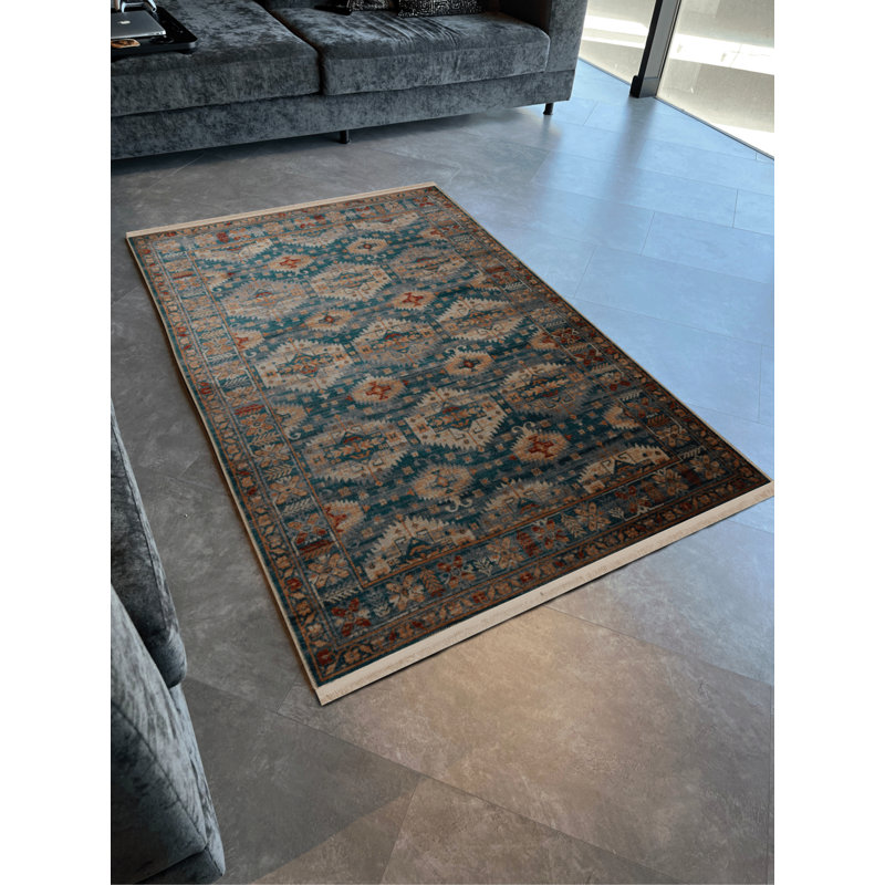Tapis décoratif bleu à motif traditionnel bleu et beige, Rectangle 3 pi 4 po x 5 pi