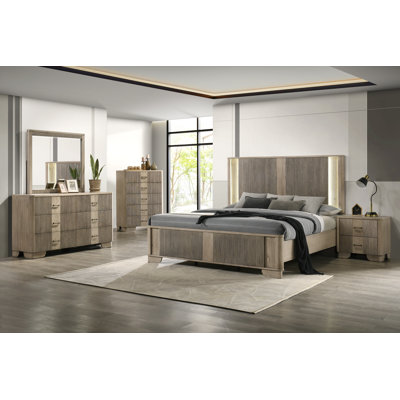 5-Piece Modern Solid Wood Bedroom Set with Smart Light Headboard, Curved Modern Design, & Dresser With Anti-Tip Safety