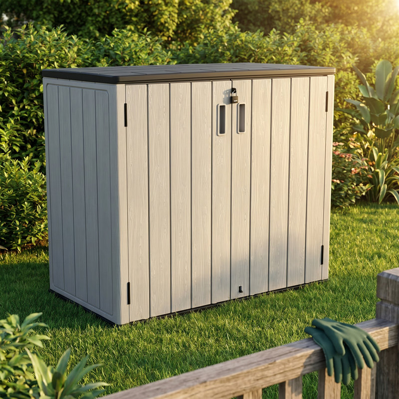 Remise de rangement horizontale en résine de 37 pieds cubes, armoire verrouillable et imperméable pour outils de jardin et patio