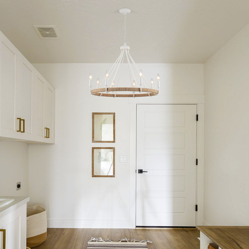 8-light Dimmable Wagon Wheel Rattan Chandelier, 8 Lights, White