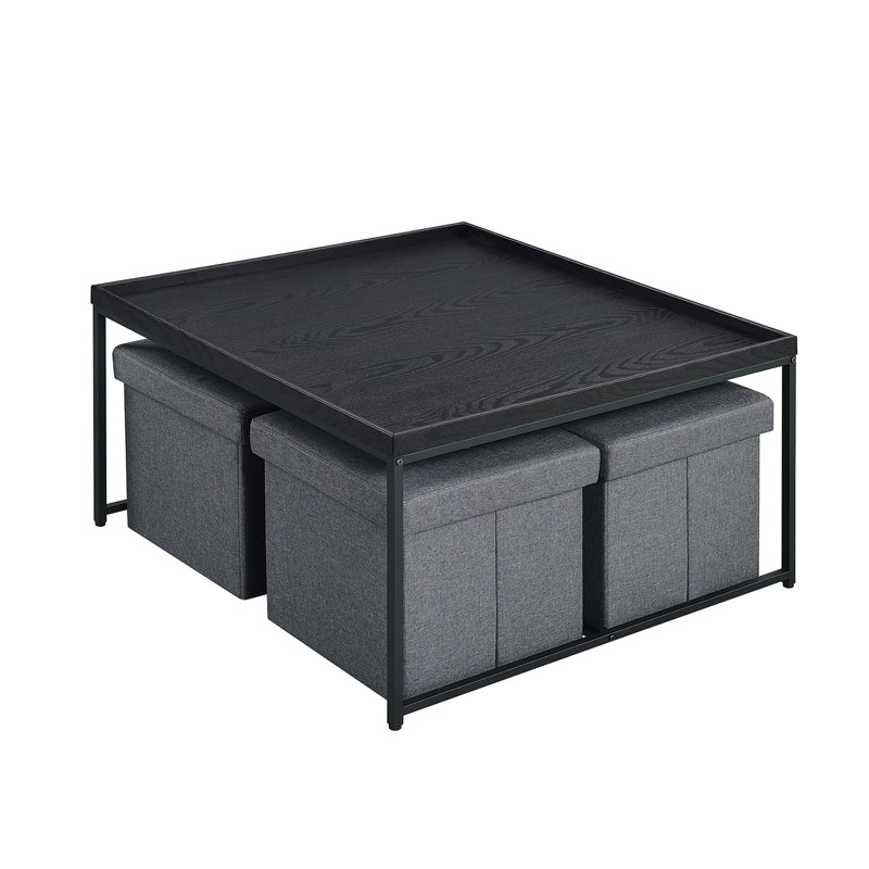 Aitor Wood Grain 5 Piece Coffee Table Set With Raised Edges, Black, 20" H x 35" L x 35" W