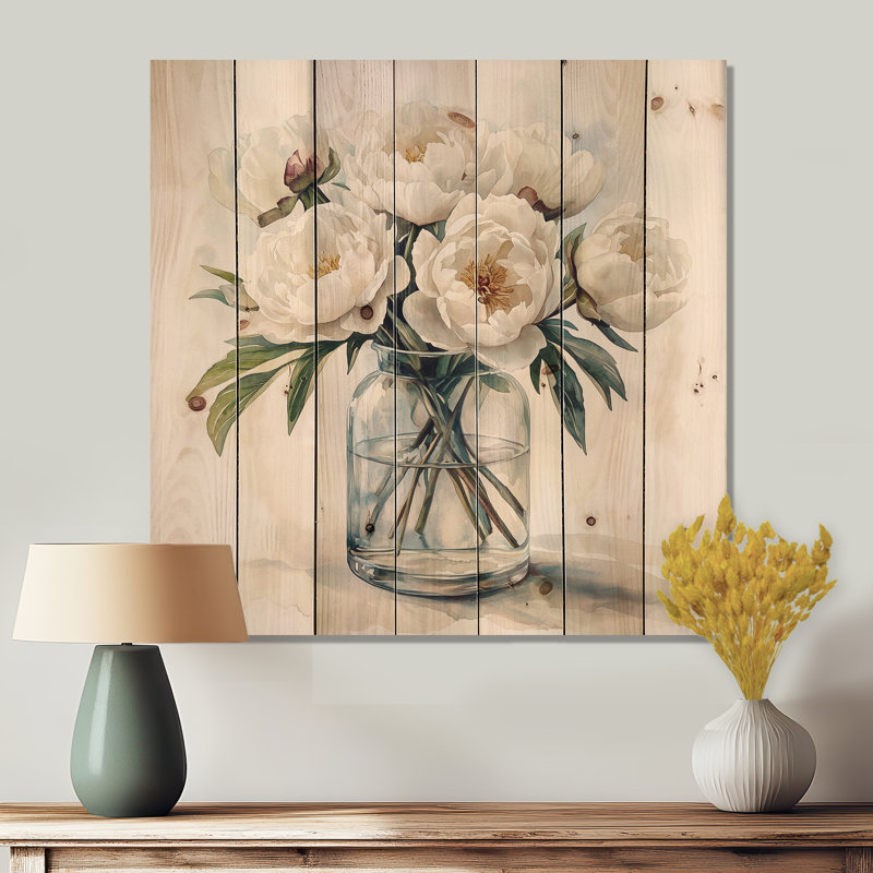 Minimalisme pivoines dans un vase en verre I - Art mural en bois pivoines - sur bois de pin naturel