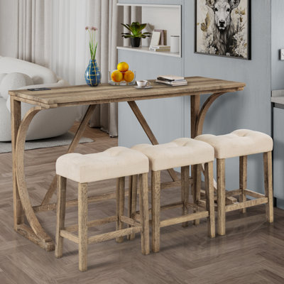 4-piece Bar Table Set With USB Ports and 3 Padded Stools