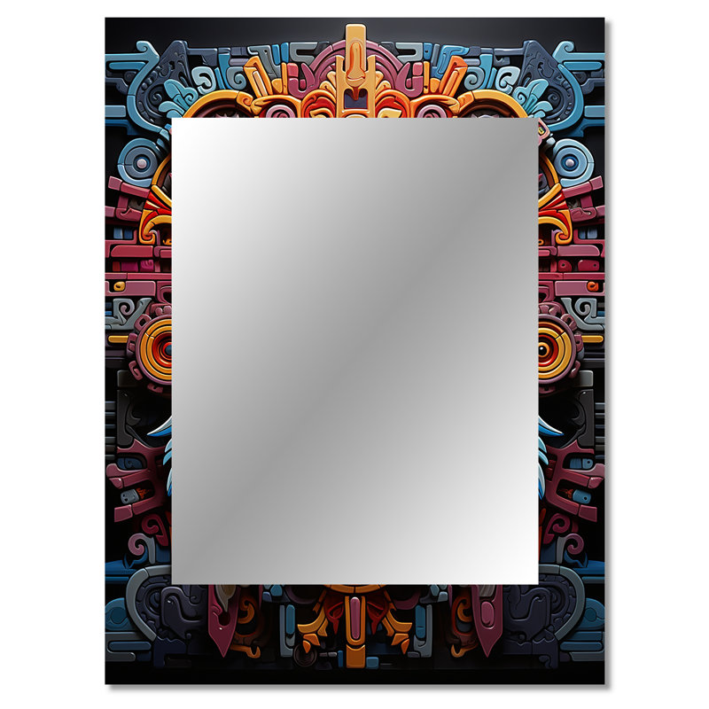 Teal orange Mexico Vibrant Aztec Mask - miroir mural unique au Mexique, miroir traditionnel, impression d'art en métal