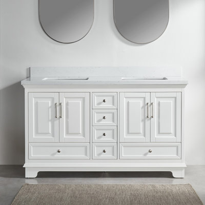 Meuble-lavabo double autoportant de 60 po en blanc, armoire en bois massif, entièrement construit, tiroirs à fermeture douce, comptoir en marbre d'ingénierie, idéal pour meuble-lavabo assemblé, cadre, portes fermées, marbre, américain