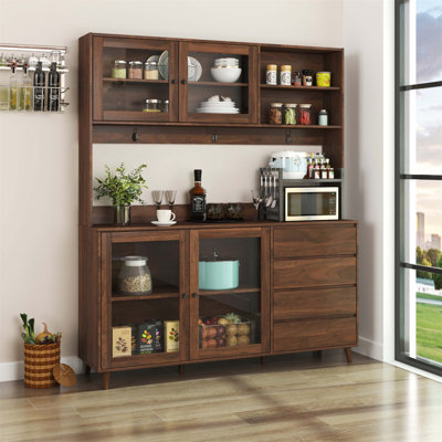 63 Inch Wide Freestanding Kitchen Hutch Cabinet with 4 Doors, 4 Drawers, and Microwave Shelf for Efficient Storage by George Oliver