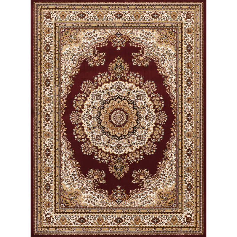 Tapis rouge, rectangulaire, fabriqué à la machine, médaillon, 2 pi X 3 pi., Majestic Central Design, envers en jute, animal de compagnie 24 po Large, 36 profond et sécuritaire, teinture