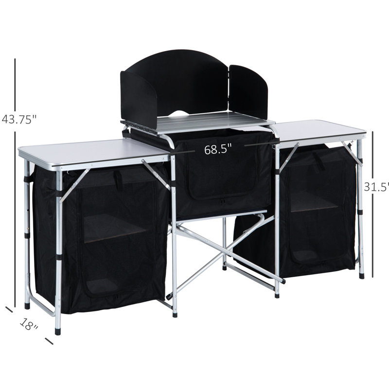 Table de cuisine de camping: aluminium avec 3 armoires et pare-brise. Parfait pour le barbecue, la fête, le pique-nique, la cour. Espace de rangement spacieux, surface de camp portative: armoires à pare-brise. Pique-niques, fêtes,